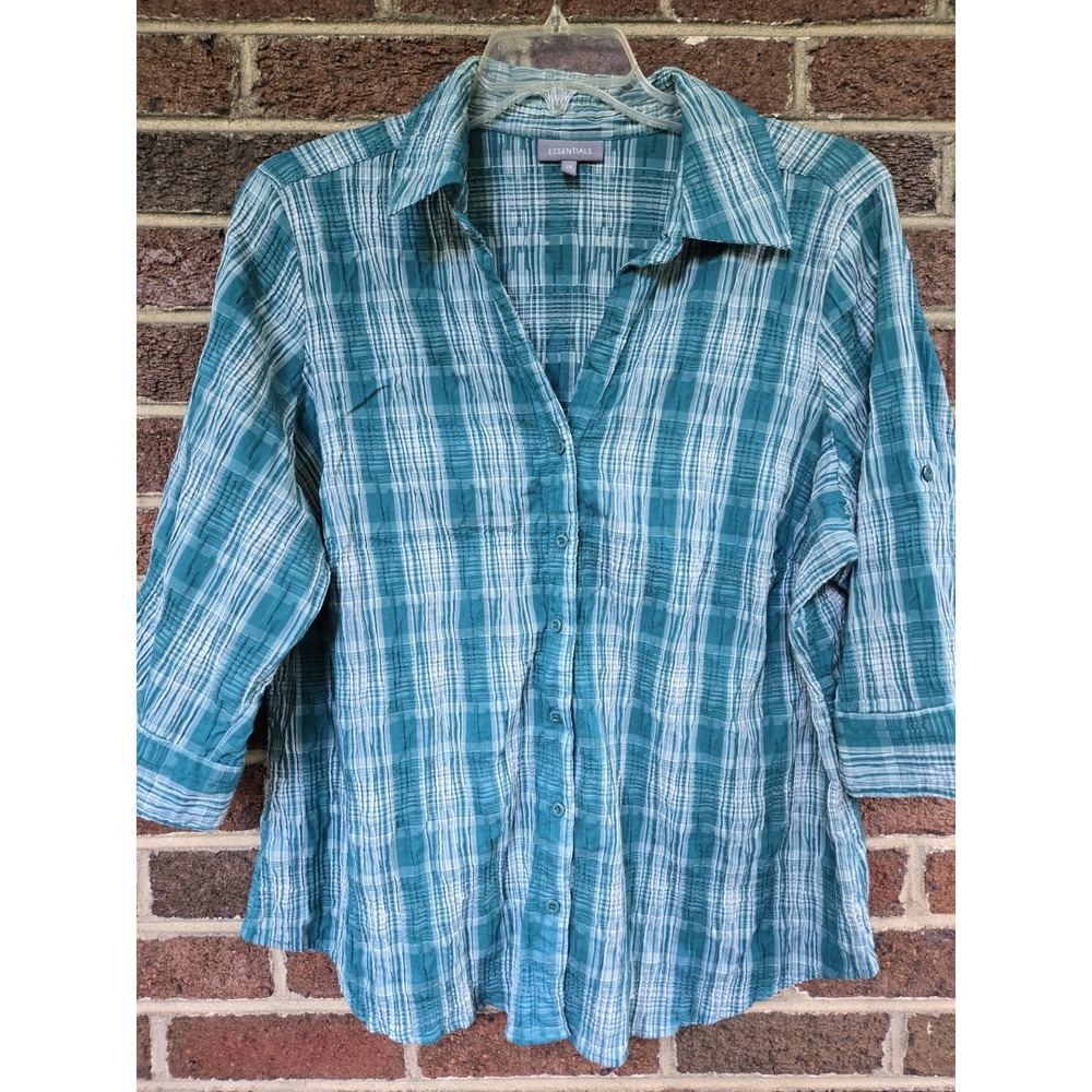 Essentials Teal Plaid 2x Seersucker Stretch ButtonUp 3/4 Sleeve Women Weekend